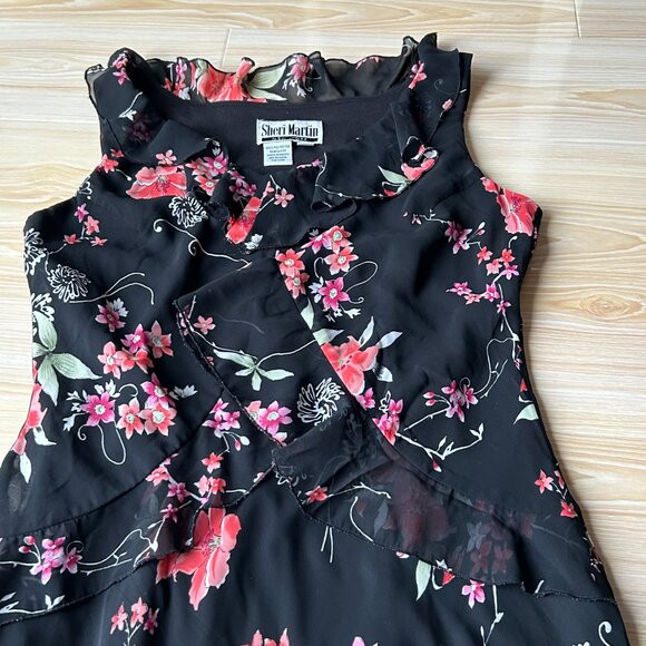 Vtg  Sheri Martin New York A-Line Midi black and pink florals dress women's S 8 - Picture 5 of 12